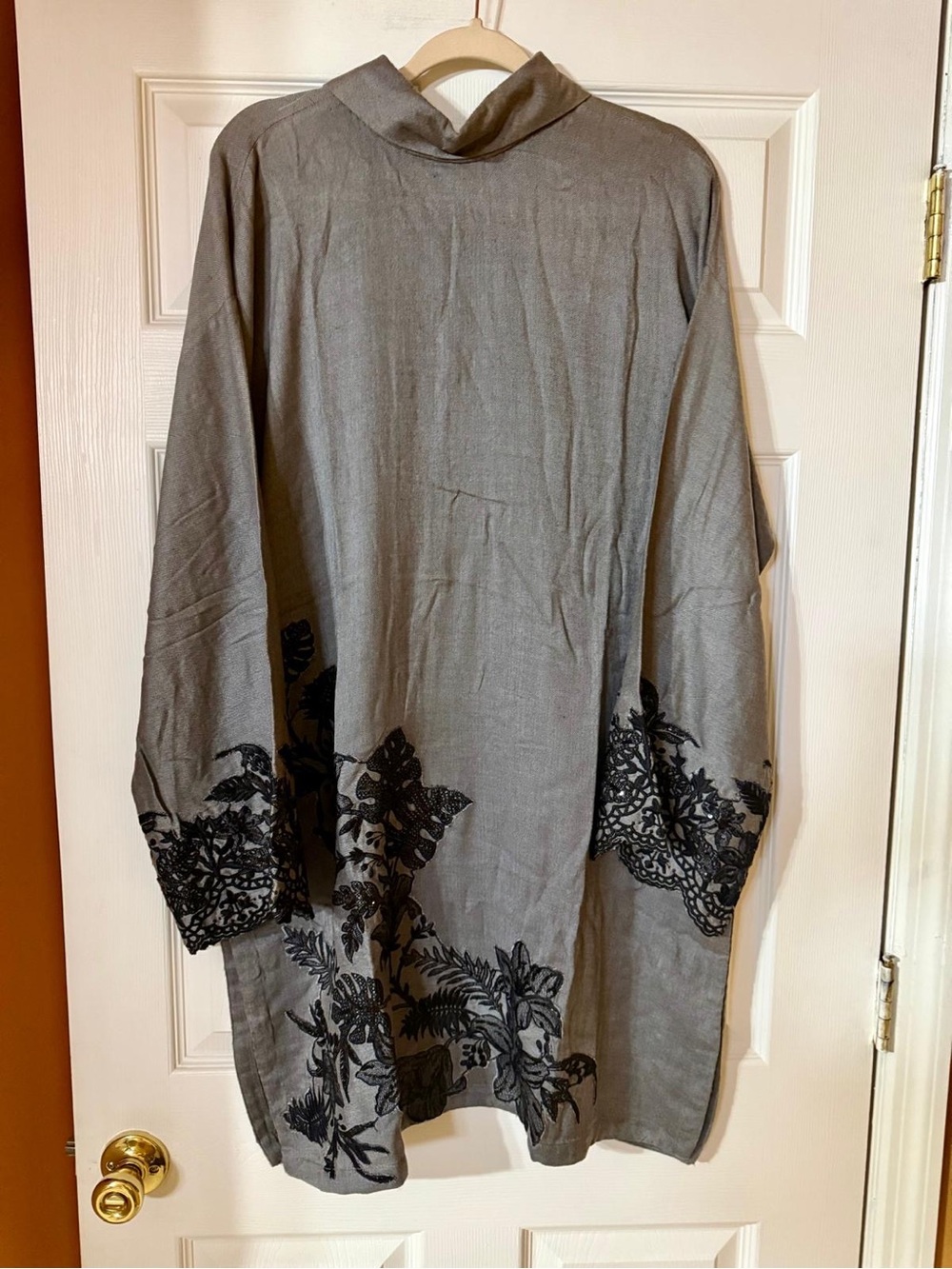 Gray  Long Tunic Shirt with Black Floral Embroidery